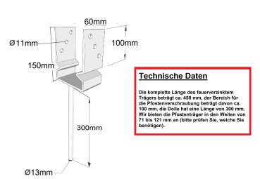 Pfostenträger U-Dollenträger mit Wulst/Sicke Weite: 121 mm